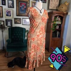 Vintage 90s DBY Floral Print V-Neck Ruffle Hem Midi Dress Orange Tan Womens